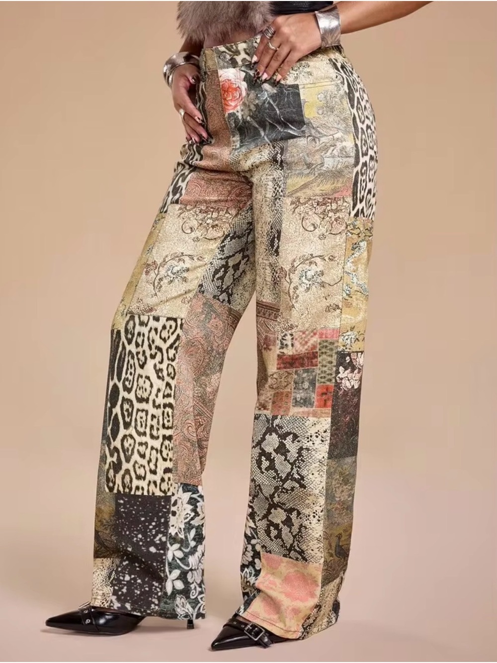 Jeans Multi Animal Print Hippie Pattern Simi Wide Leg Jeans Plus Size